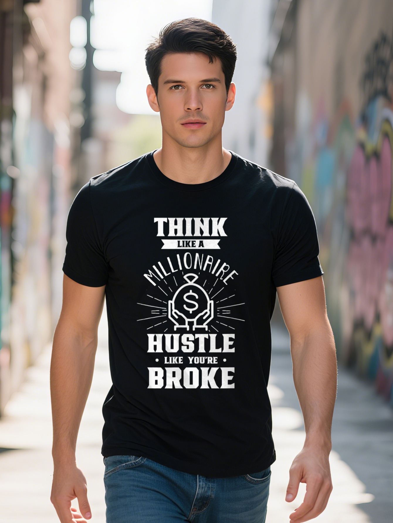 Men s Cotton T Shirt for THINK A Millionaire Hustle Like You re Broke Motivational Graphic Tee Short Sleeve