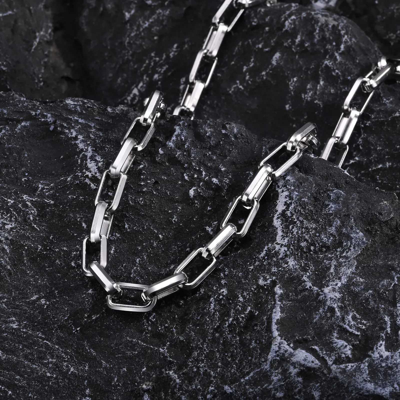 Chunky Rectangle Chain Necklaces for Men Boys 50/55/60 cm Stainless Steel Square Chain Collar Cool Punk Jewelry Gifts Y250620