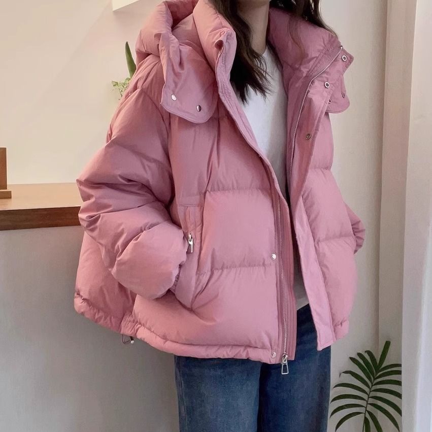 Free Shipping Women's Hooded Cropped Puffer Jacket 2025 Down Cotton Blend Thermal Coat Korean Plus Size Loose Fit Petite-Friendly Casual Winter O