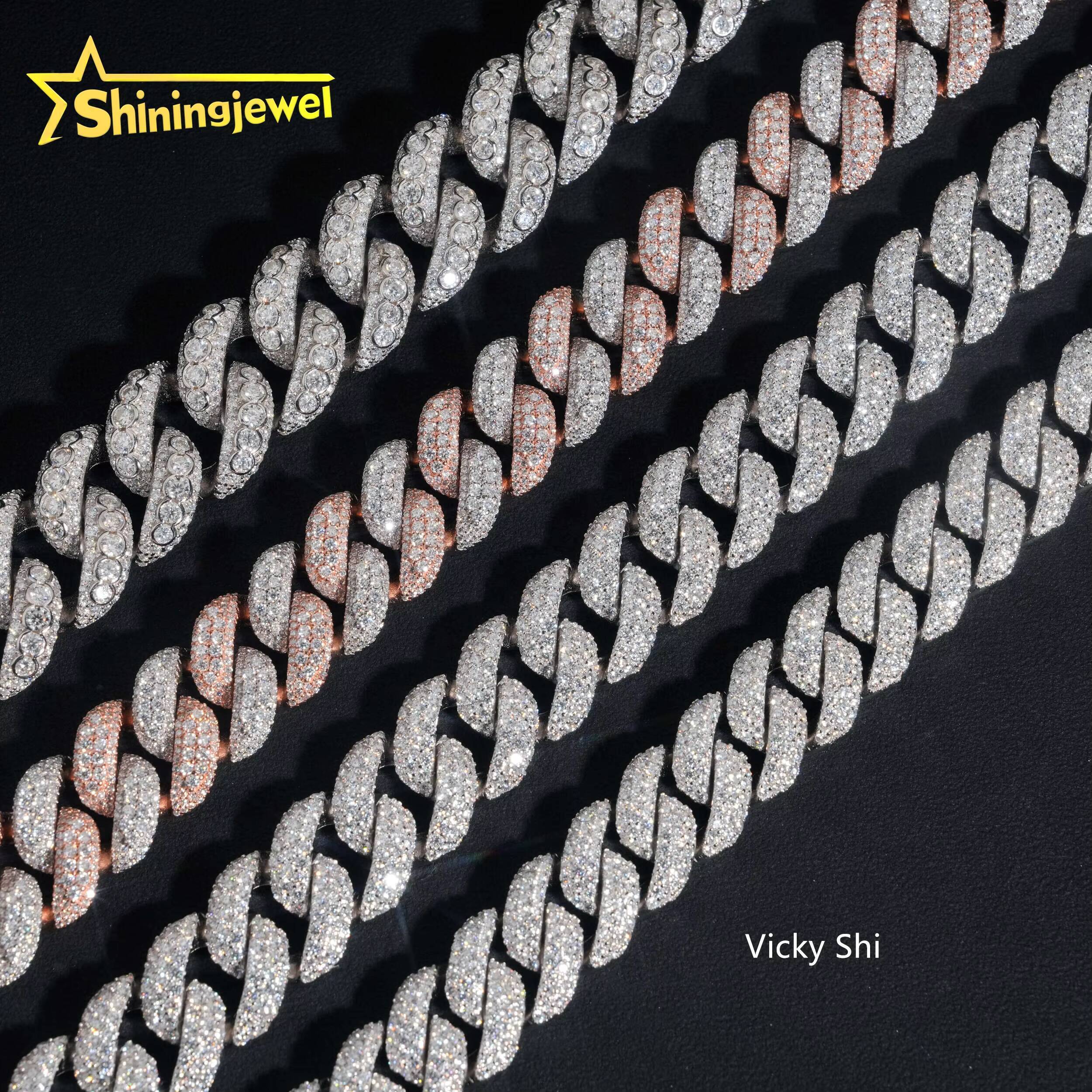 Iced Out 925 Silver 16mm 18mm 20mm Width Moon Shape VVS Moissanite Cuban Link Chain Men Hip Hop Jewelry Fashion Chains Necklaces