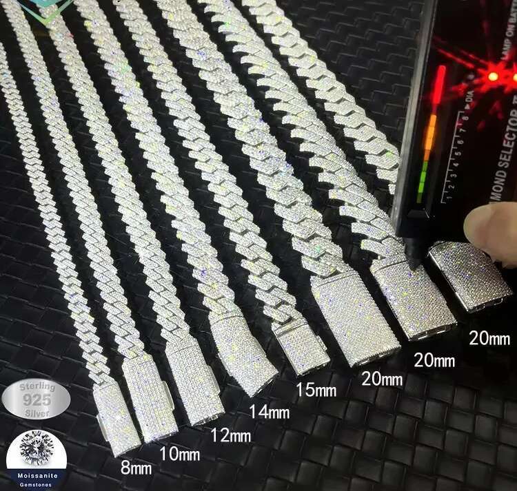 Hip-hop jewelry bracelets and necklacesVVS Mossanite 2rows 8mm 10mm 12mm 14mm S Sier Dia Necklace Man Moissanite Hiphop Cuban k Chain