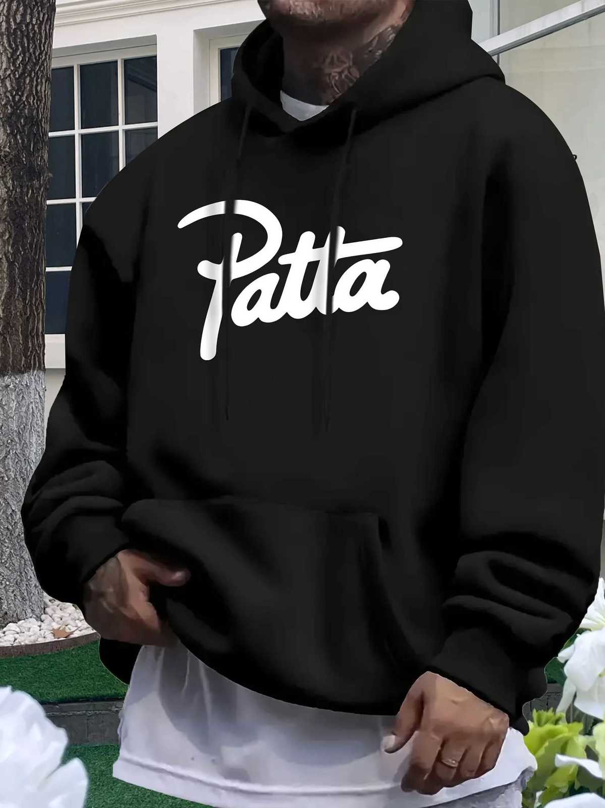 Mens Casual Hooded Sweatshirt with Front Patta Print - Regular Fit All-Season Comfort for Men 18-40 Years Sweatshirt X250802