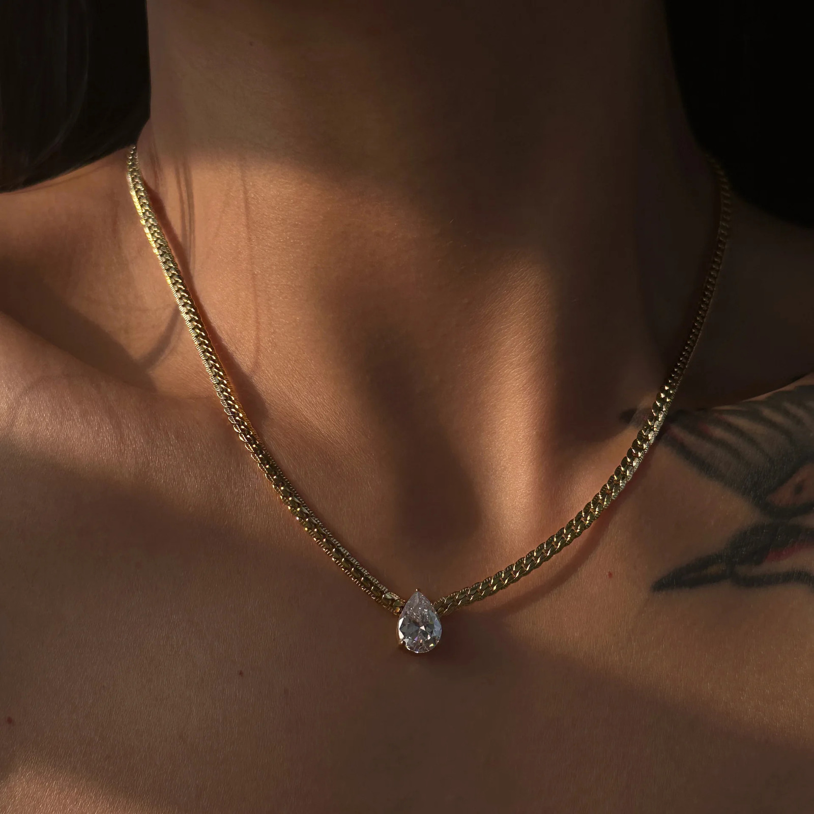 Arrival 18k Gold Plated Waterproof Stainless Steel Waterdrop Droplet Shaped Zircon Pendant Chain Necklace YF4036 250729