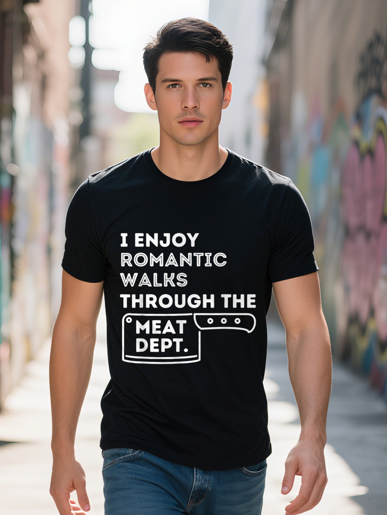 Men's Funny BBQ T-Shirt I Enjoy Romantic Walks Through the Meat Department Cotton Black with White Text Knife