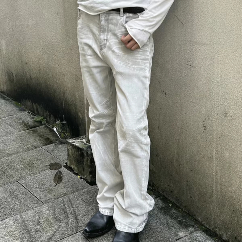 MIJKO High Street Washed Waxed Baggy Boot Cut Mens and Womens Straight Vintage Casual Flare Jeans Pants Oversized Loose Denim Trousers