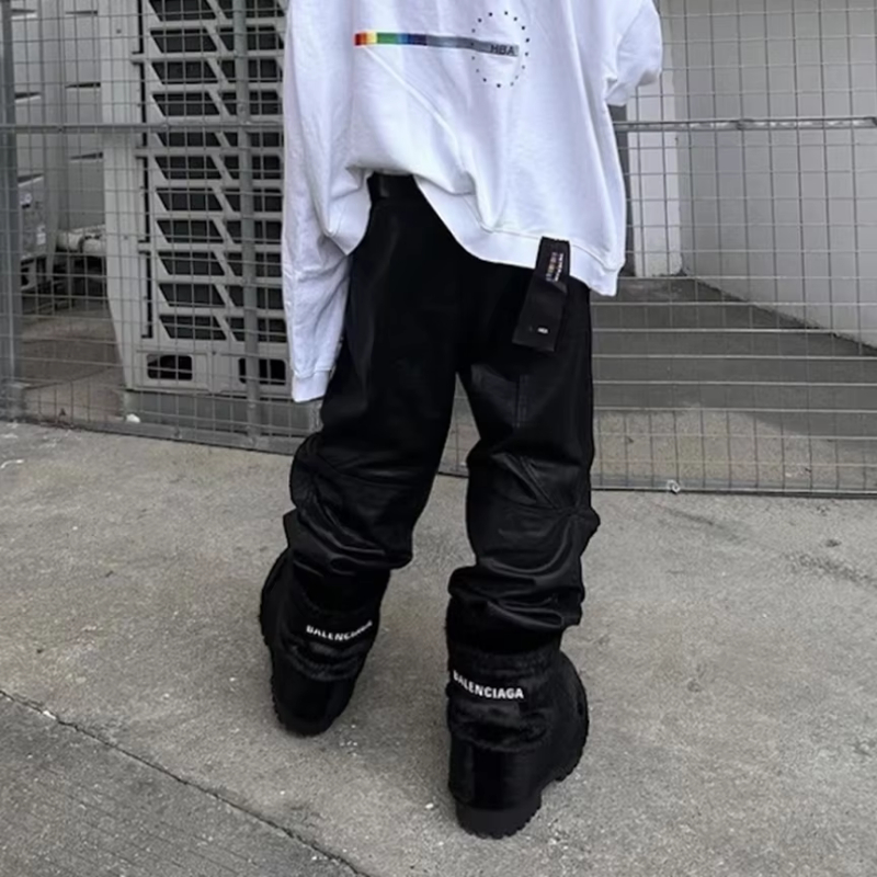 MIJKO Vintage Coated Wax Black Wide Leg Baggy Cargo Pants Men's Streetwear Cleanfit Pleated Casual Overalls Oversized Loose Trousers