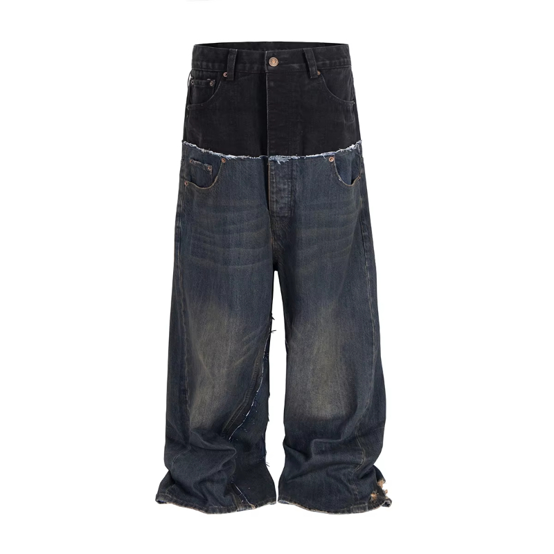 MIJKO CUT-UP Double-layer Double Waist Patchwork Baggy Jeans for Men and Women Straight Casual Loose Denim Trousers Oversized