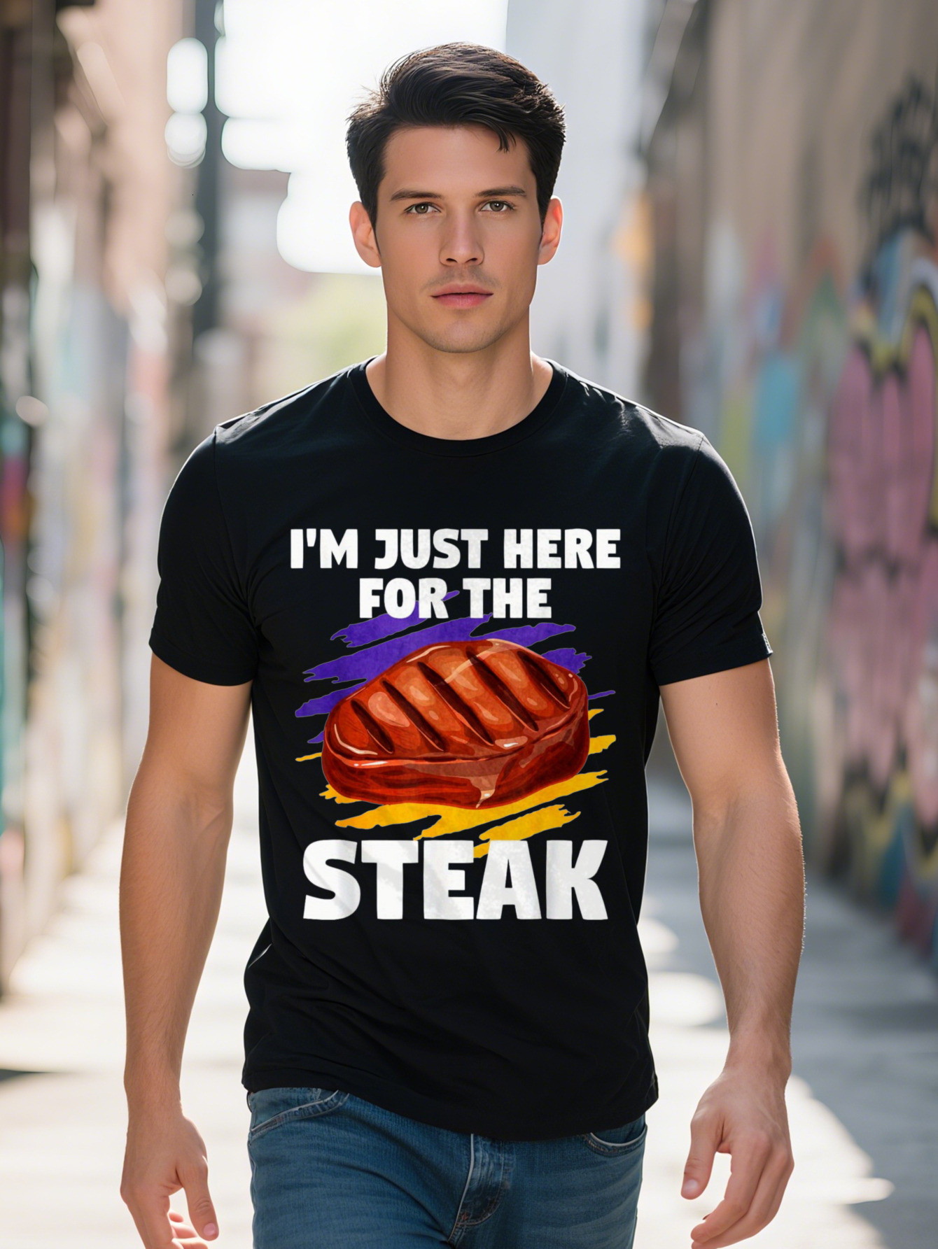 Men s g Cotton T Shirt I'm Just Here The Graphic Tee with Cartoon Steak Design Black Short Sleeve Round Neck