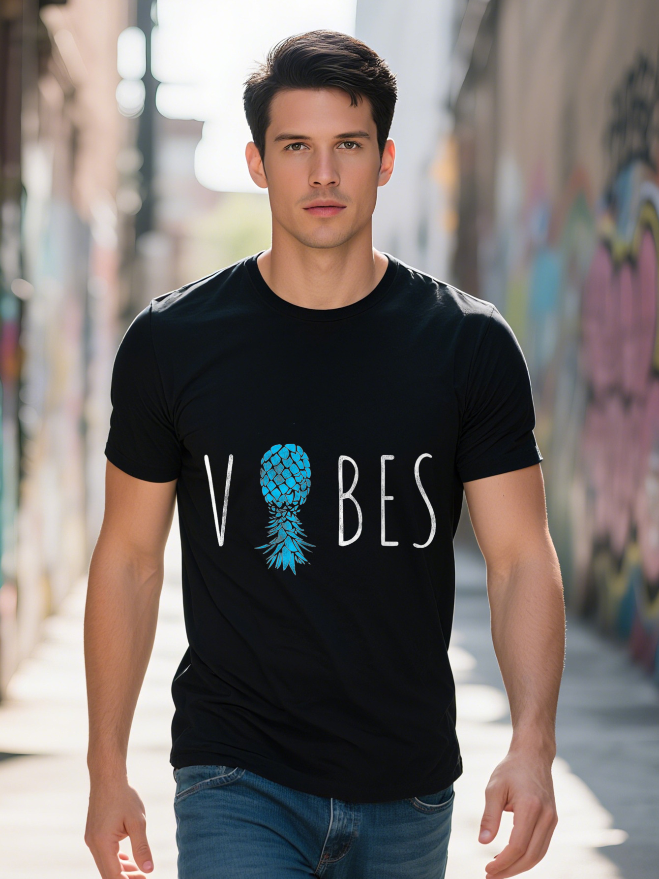 Men s Party Vibes Swinger Graphic T Shirt Cotton Short Sleeve Crew Neck in Black with Blue Detail Casual