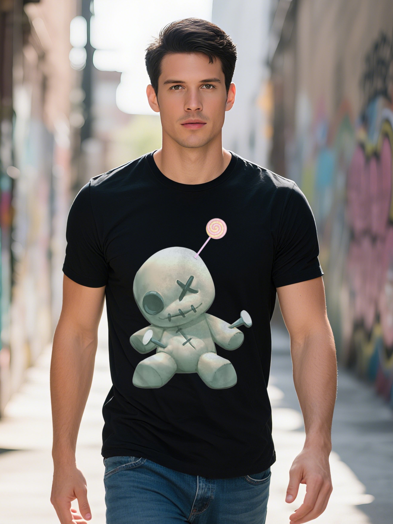 Men s Voodoo Doll Graphic T Shirt Cotton Black Crew Neck Tee with Pastel Gothic Design Short Sleeve