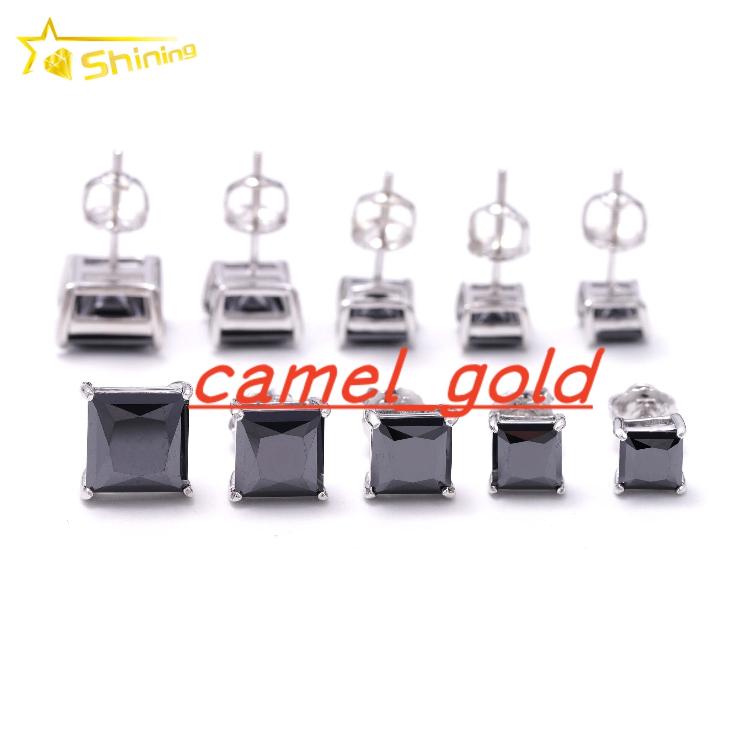 Hot Sale Pass Diamond Tester 925 Sterling Silver Screw Back Hip Hop Princess Cut Black Moissanite Earrings