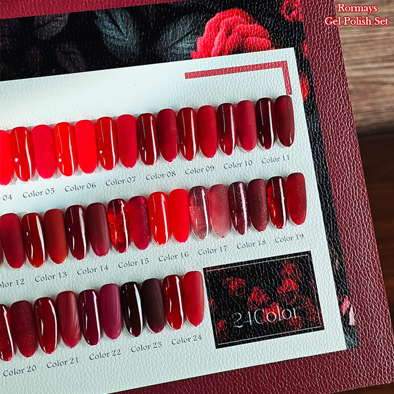Rormays gel polishing 24PCS mixed varnish semi permanent Ankara red UV LED high-end wine red nail glue primer red series nail glue wholesale factory