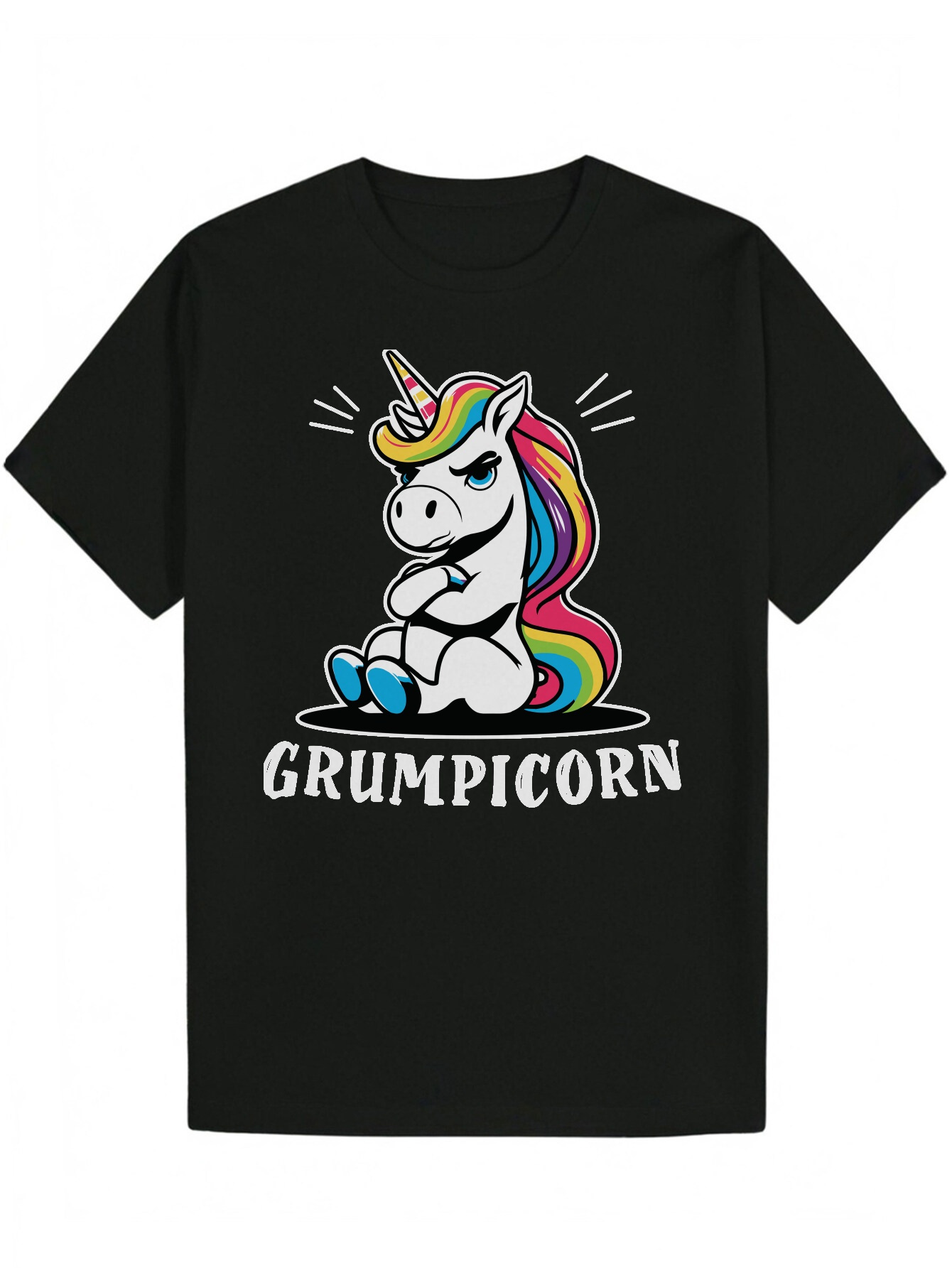 Men's Grumpy Unicorn Graphic T-Shirt - Black Summer T-Shirt, Colorful Print, Crew Neck, Short Sleeve, Soft Polyester Fabric, Playful Design for C