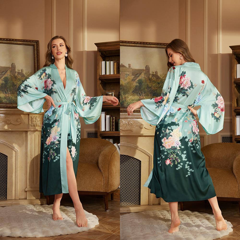 Outfits For Woman New Female Long Robe Nightgown Spring Summer Silk Satin Kimono Bathrobe Sleepwear Loose Silk Satin Home Dressing Gown Loungewear