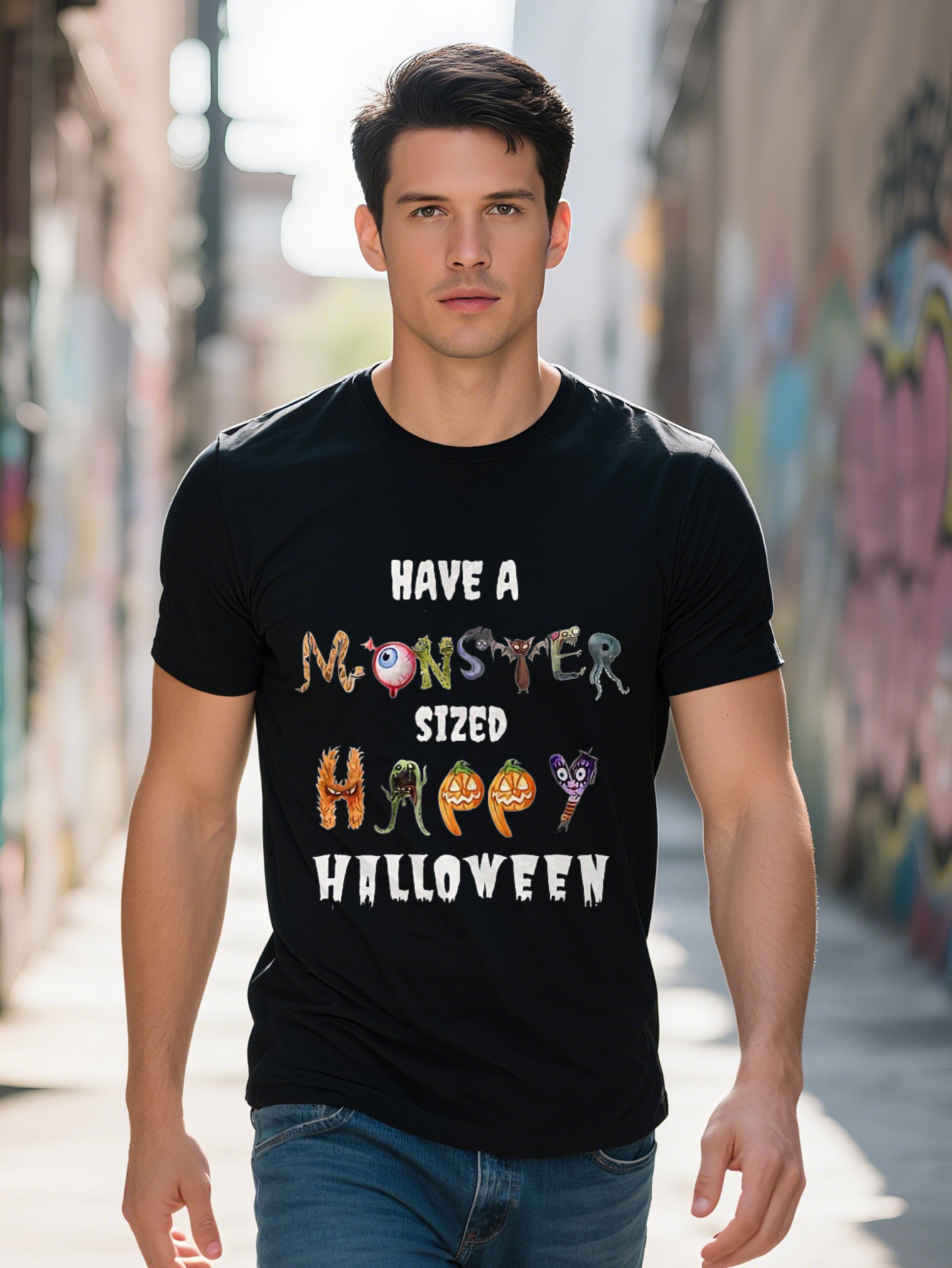 Have a Sized Halloween T-Shirt Black Cotton Tee with Colorful Monster Graphics Casual Crew Neck Short