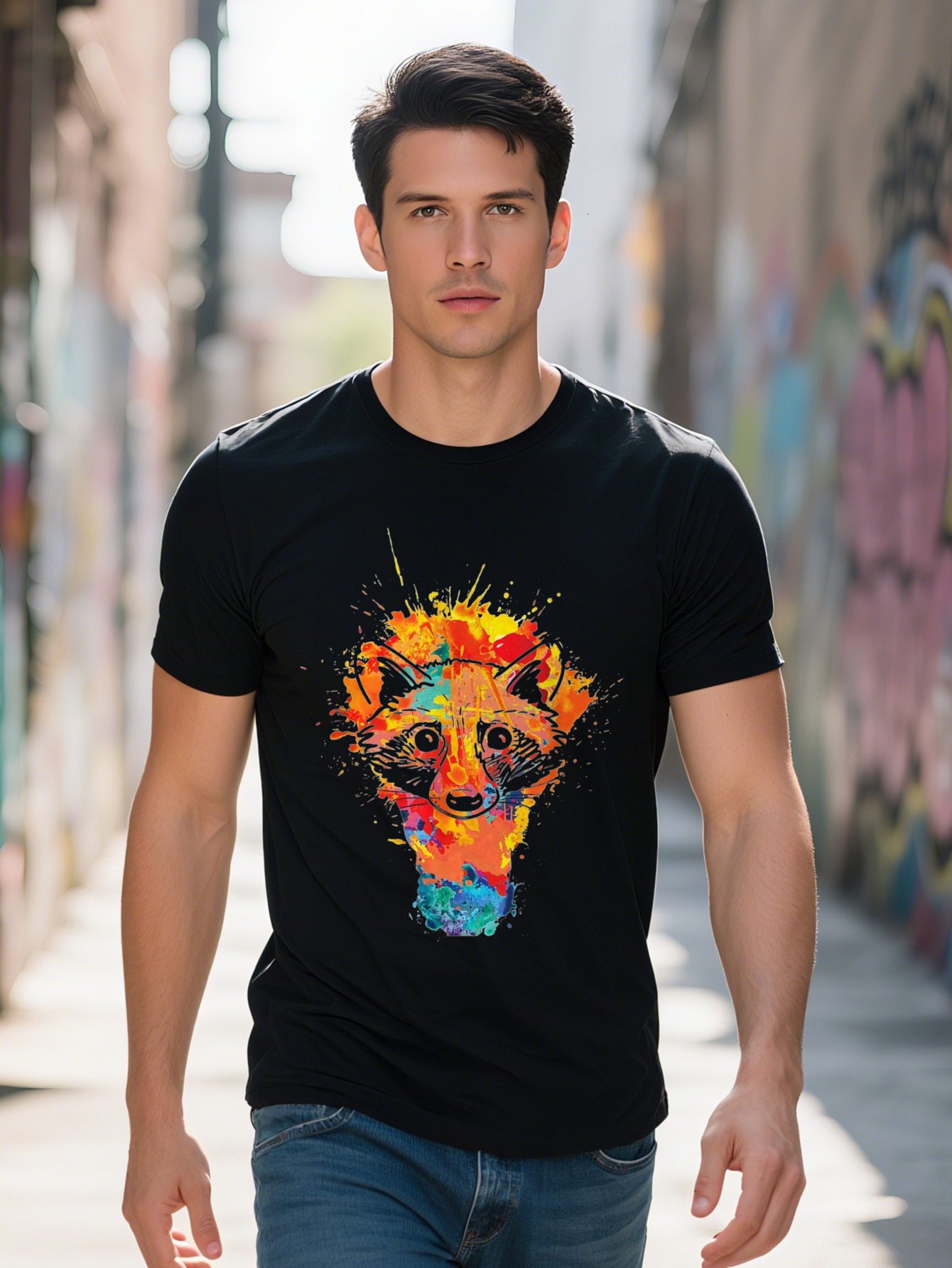 Men s Cotton T Shirt Vibrant Watercolor Raccoon Print Crew Neck Tee Animal Lovers Short Sleeve Lightweight