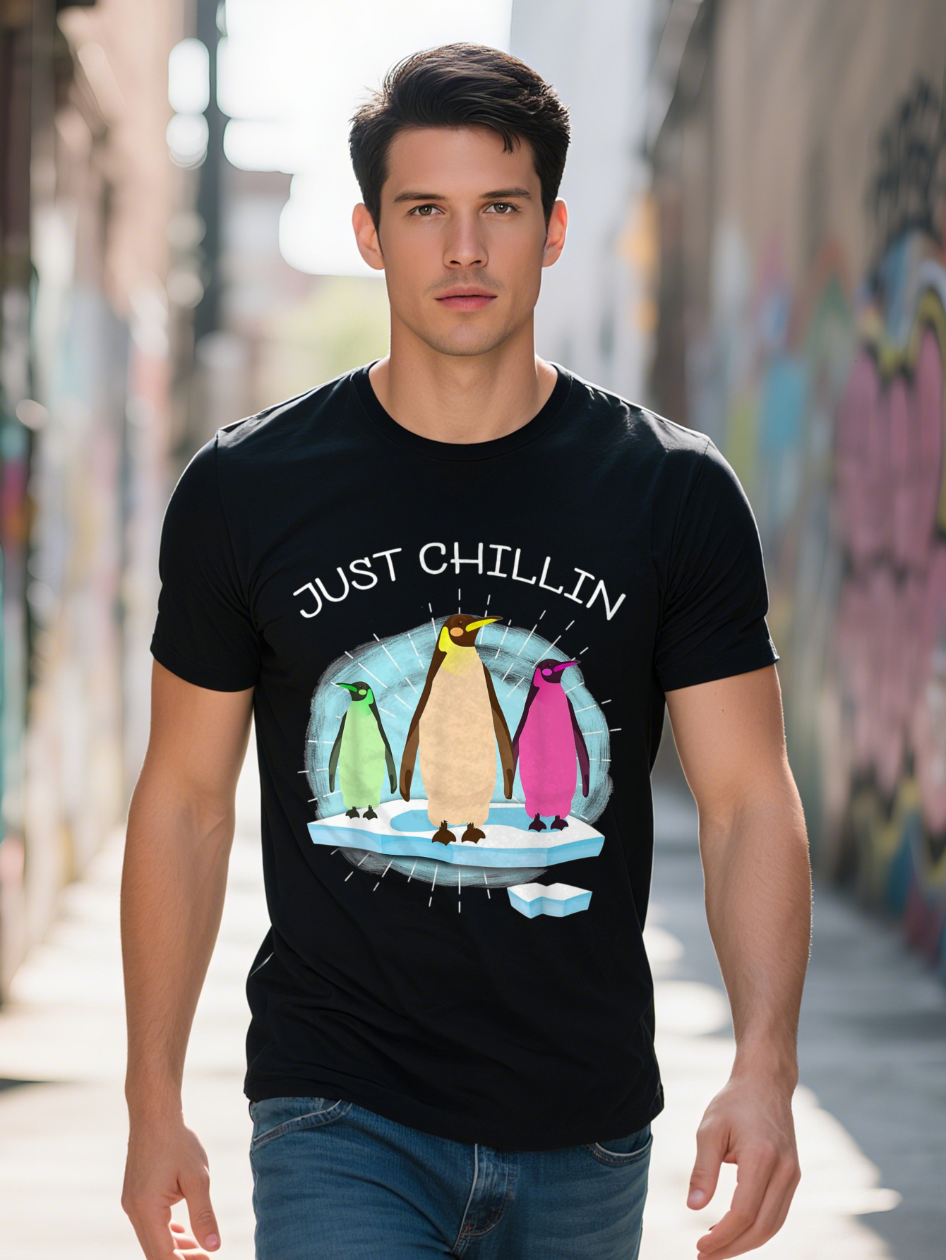 Men's T-shirt Cotton Just Chillin Pink Blue White Penguins On Ice Funny T-Shirt