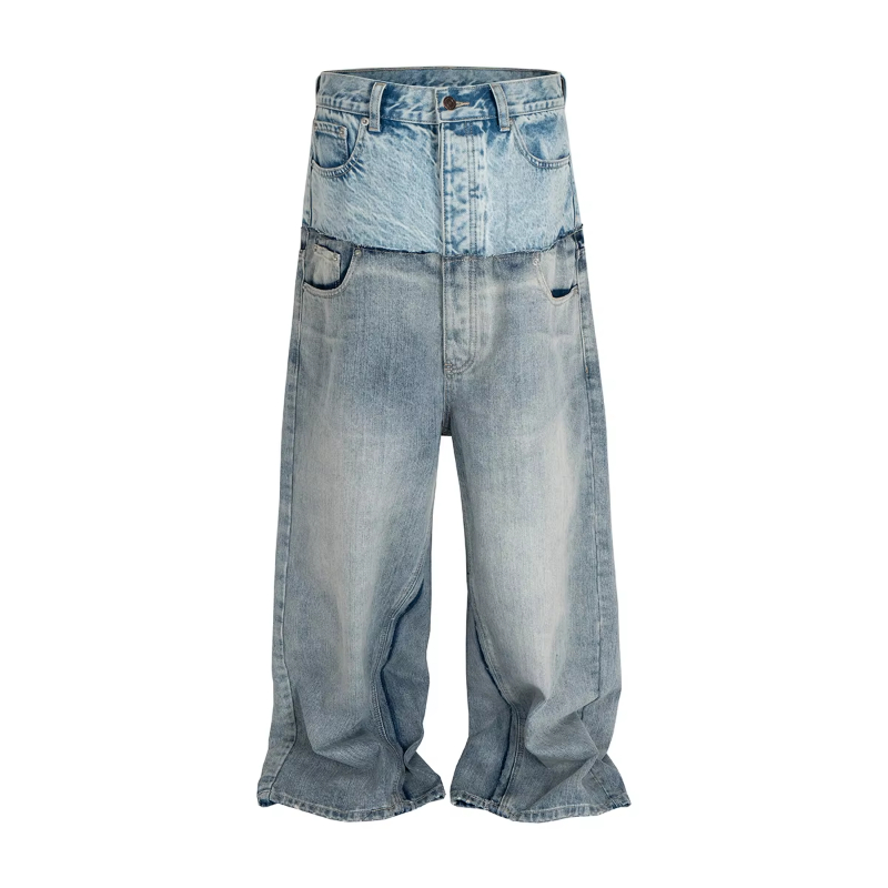 MIJKO CUT-UP Double-layer Double Waist Patchwork Baggy Jeans for Men and Women Straight Casual Loose Denim Trousers Oversized