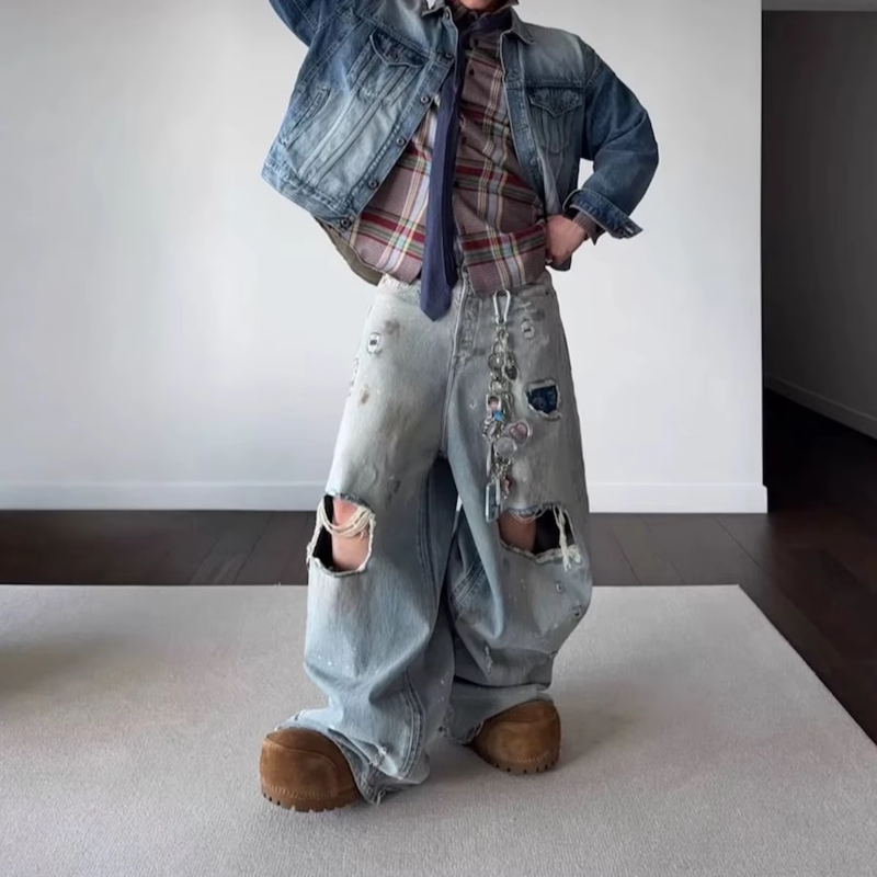 MIJKO Distressed Hole Ripped Mud Dyed Silhouette Baggy Jeans for Men Wide Leg Harajuku Loose Denim Trousers Oversized Casual Cargos