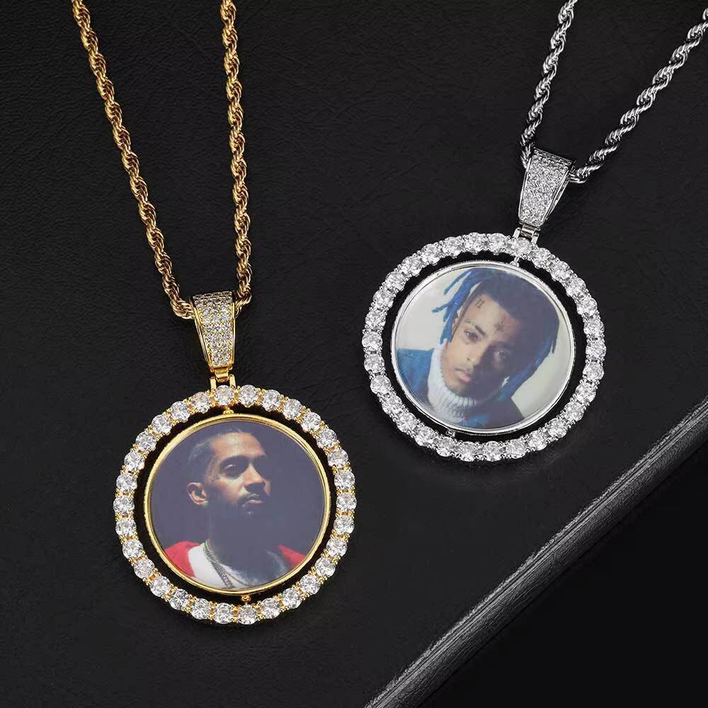 Fashion Hip Hop Memory Brass Zircon Rotatable Double Sided Circular Photo Pendant
