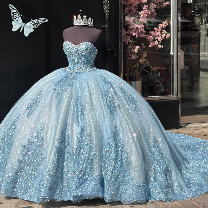 Luxury Sky Blue Shiny Quinceanera Dresses 2025 Lace Applique Beads Sweethear Princess Sweet 15 16 Year Birthday Party Gown Junior Girls Pageant Dress