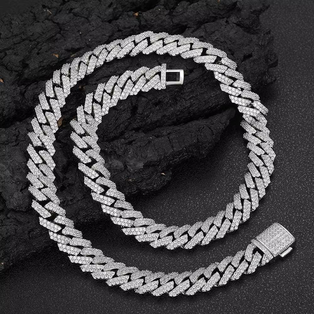 NUOYA Hiphop Hight Quality VVS Moissanite Prong Cuban Link Chain Necklace 12mm 925 Silver Cuban Chain Men Jewelry