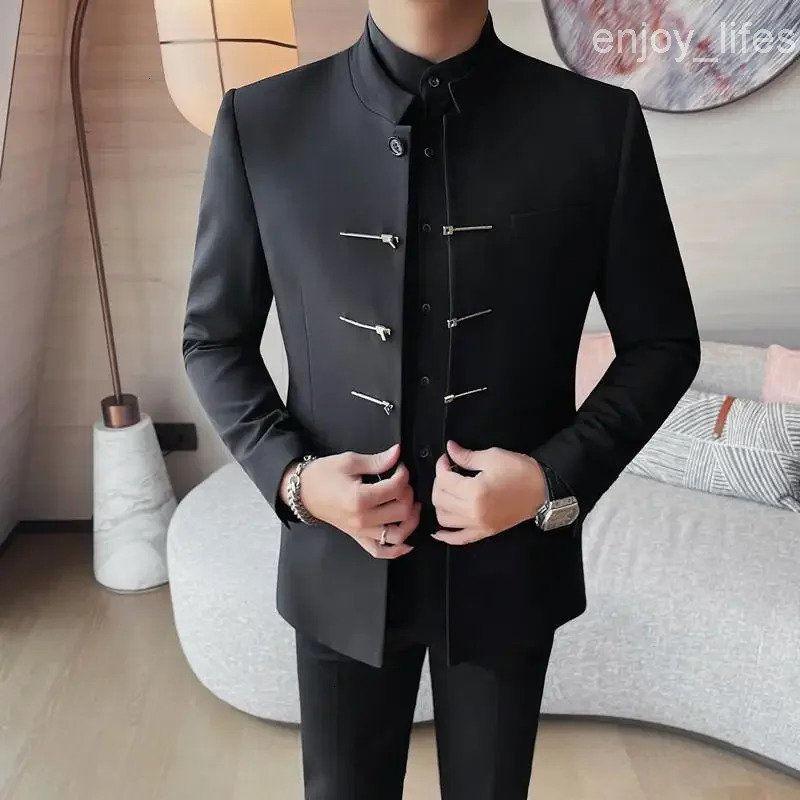 Chinese Style Stand Up Collar Suit Jacket for Men High Quality Mens Slim Fit Casual Social Wedding Dress Coat Mens Clothing