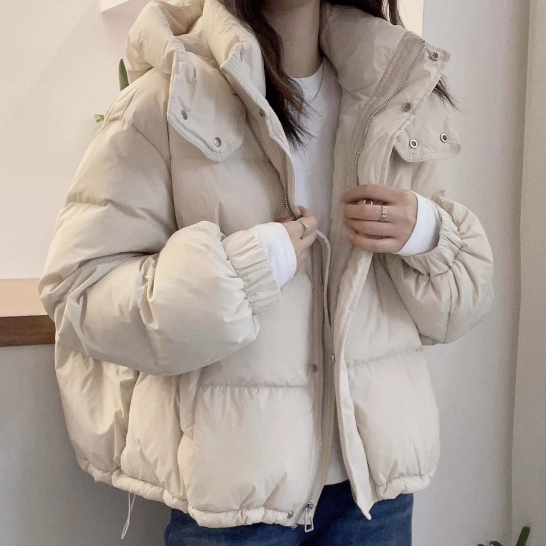 Free Shipping Women's Hooded Cropped Puffer Jacket 2025 Down Cotton Blend Thermal Coat Korean Plus Size Loose Fit Petite-Friendly Casual Winter O