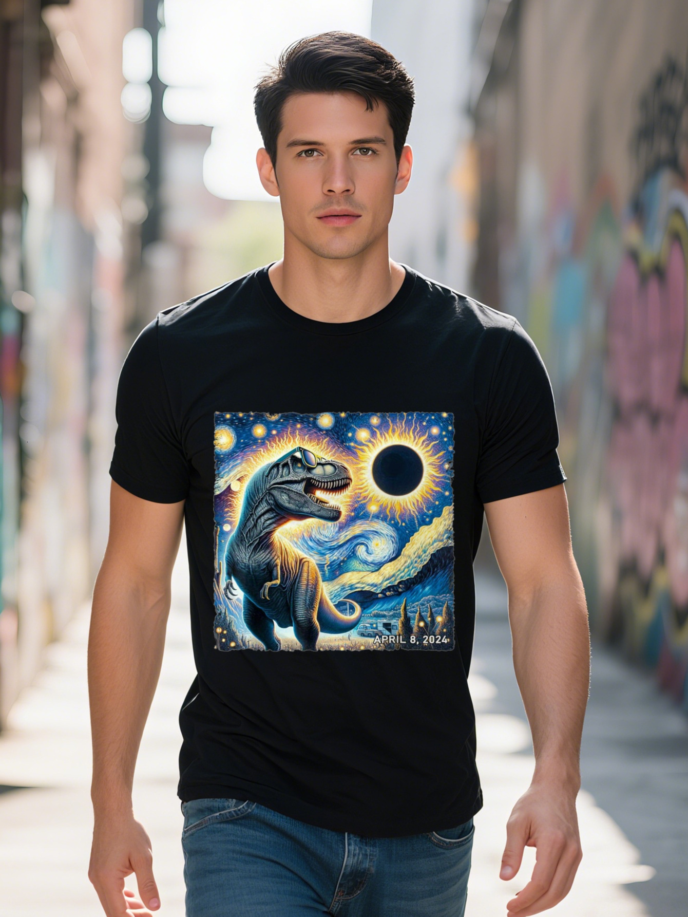 Men's T-Shirt Solar Eclipse Starry Night T-Rex Art Print Black Short Sleeve Tee for Animal Lovers Casual