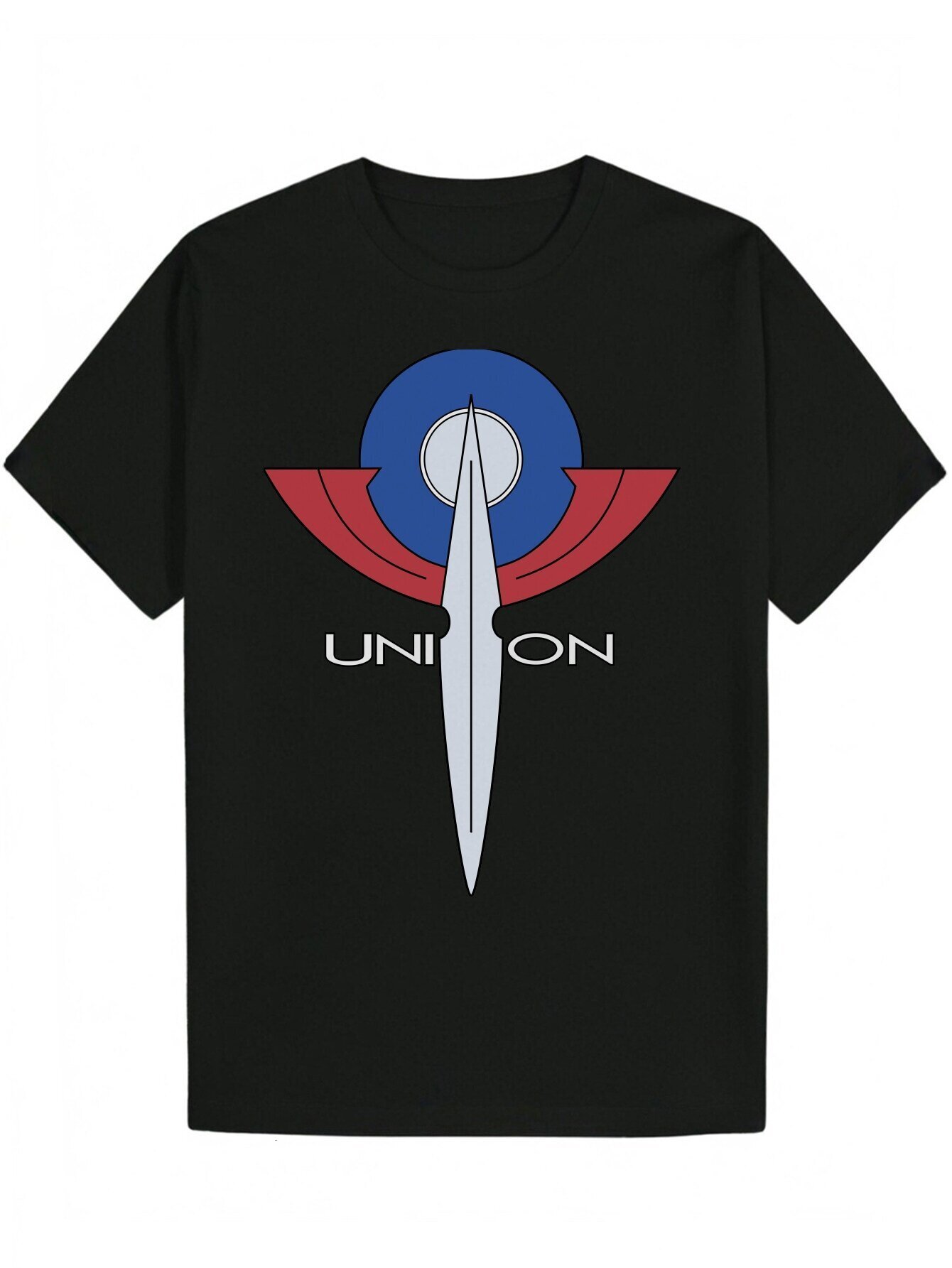 Men's Summer Pattern - Union Design Round Neck Short Sleeve T-Shirt, Black Polyester Blend, Comfortable and Fashionable, Suitable for Casual Wear