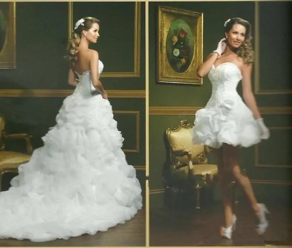 Vintage White Ruched Organza Wedding Dress With Detachable Skirt Lace Appliques Sweetheart Plus Size Princess Bridal Gowns Sleeveless Bride Dresses - view 3