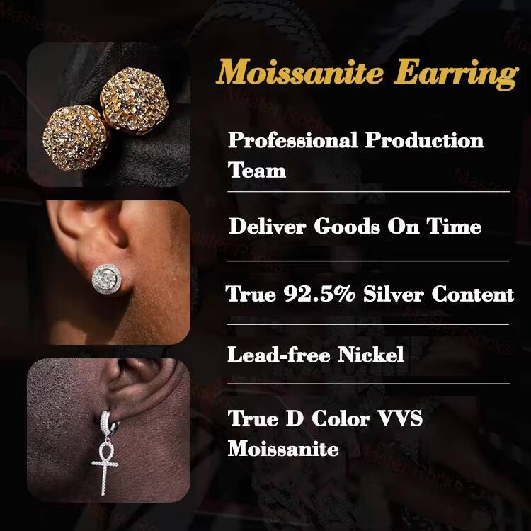 Wholesale Price Moissanite Earrings Men Sterling Silver 925 Custom Vvs Iced Out Moissanite Earrings