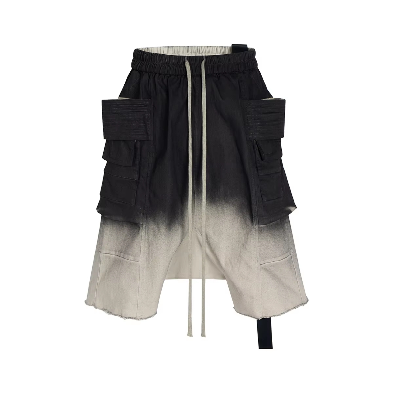 MIJKO Ro Ribbons Gradient Color Washed Double Loop Hanging Crotch Harem Pants for Men Pockets Summer Drawsting Shorts Oversized