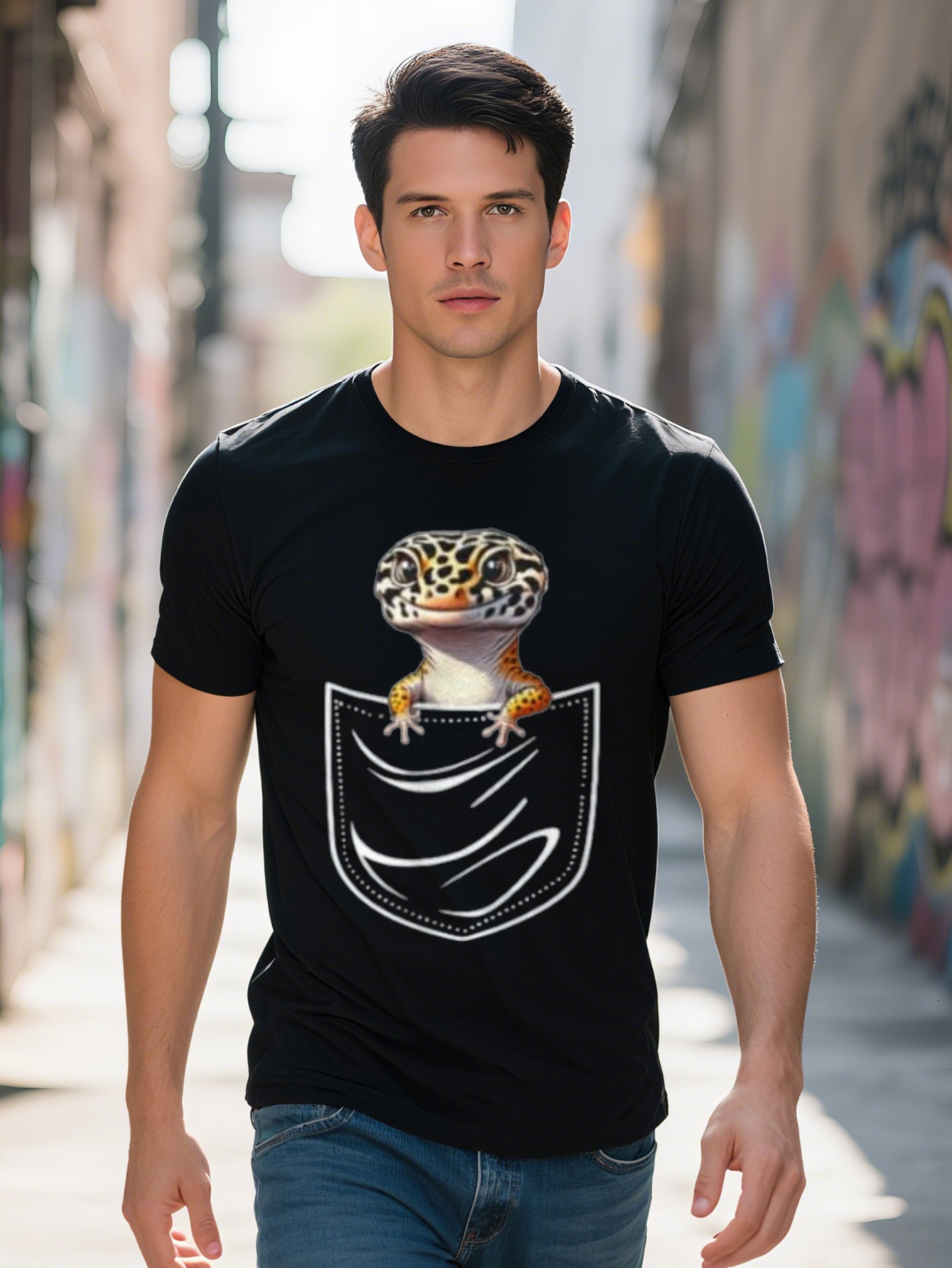 Men's 220g 100% Cotton Funny Leopard Gecko Lover T-Shirt - Short Sleeve Plain T-Shirt, Crew Neck Shirt, Suitable Casual Wear, Machine Washable, R