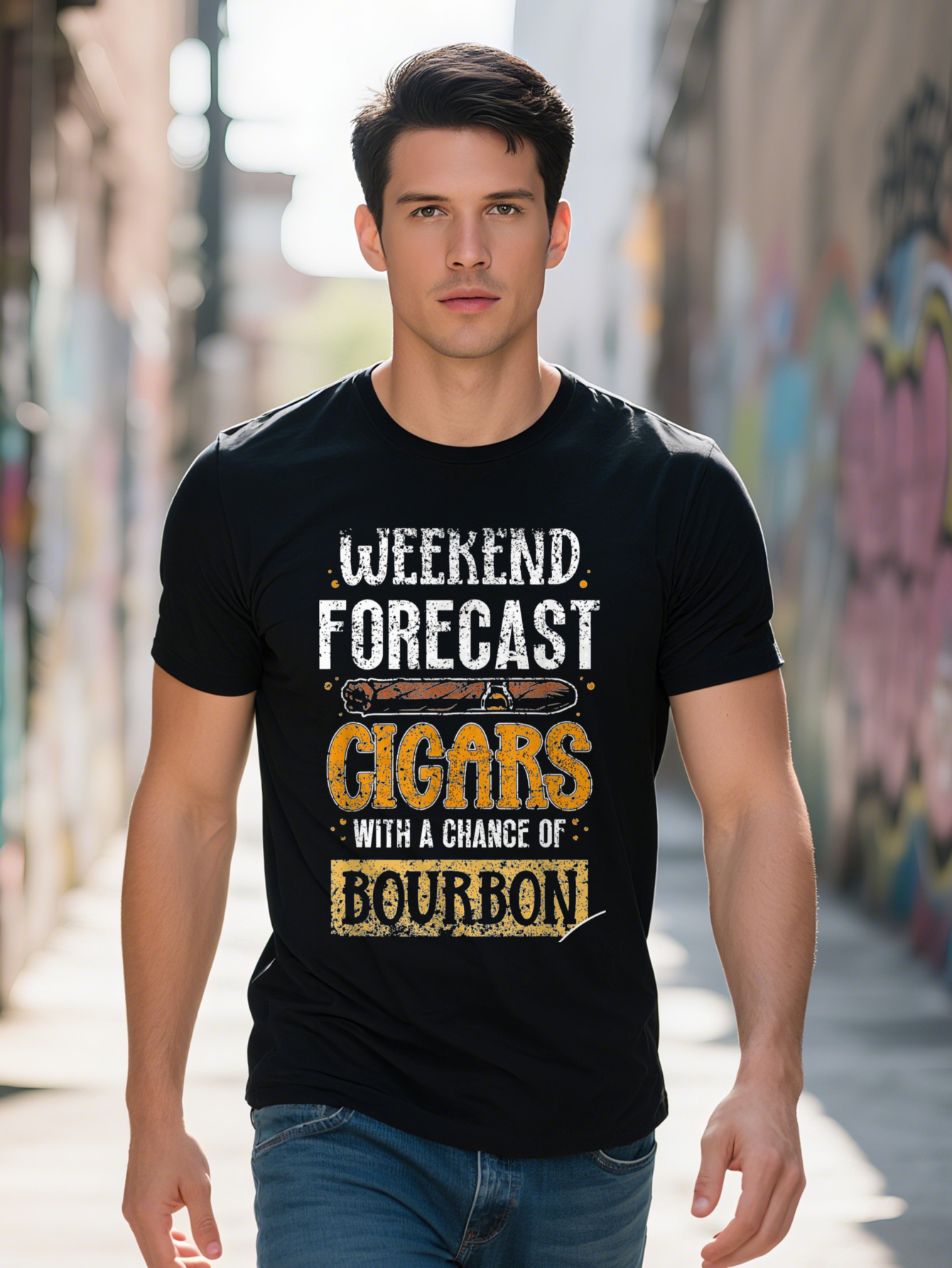 Men's Weekend Forecast Graphic T-Shirt - 100% Cotton, Casual Style, Machine Washable, Short Sleeve, Crew Neck, Black with Humorous Cigar and Bour