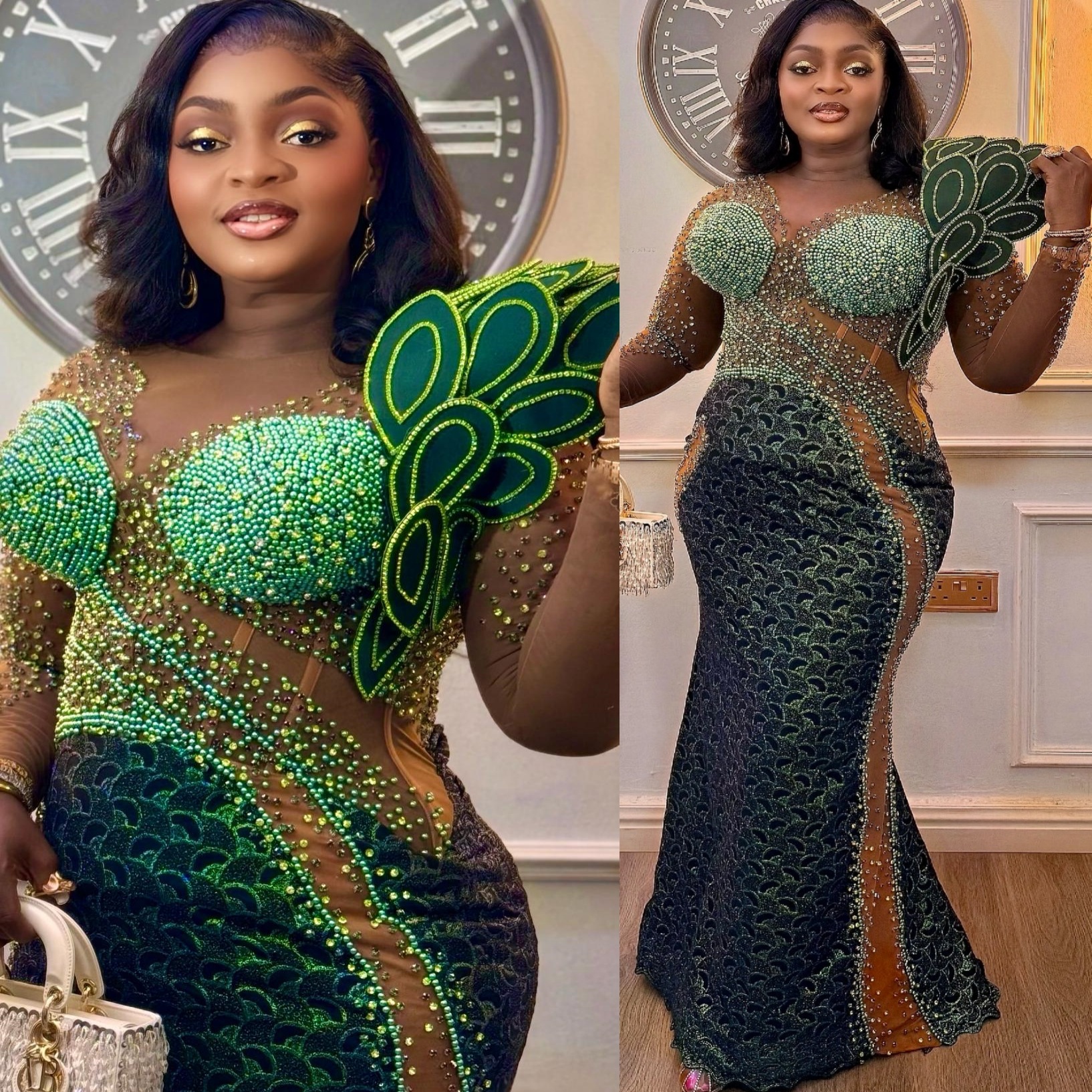 Dark Green Mermaid Prom Dresses 2025 Beaded Crystals Lace Florals Evening Formal Party Second Birthday Engagement Gowns Plus Size Dress For Special Oc