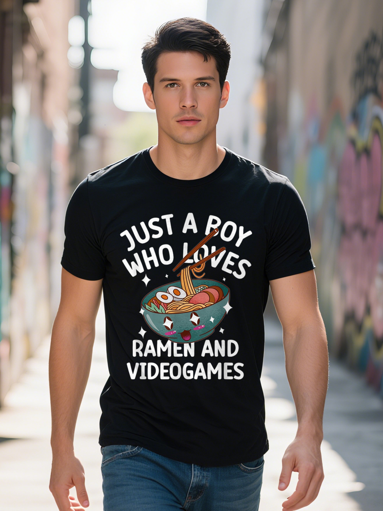 Men s Casual T Shirt Pure Cotton Crew Neck Short Sleeve Regular Fit with Ramen and Video Games Cartoon