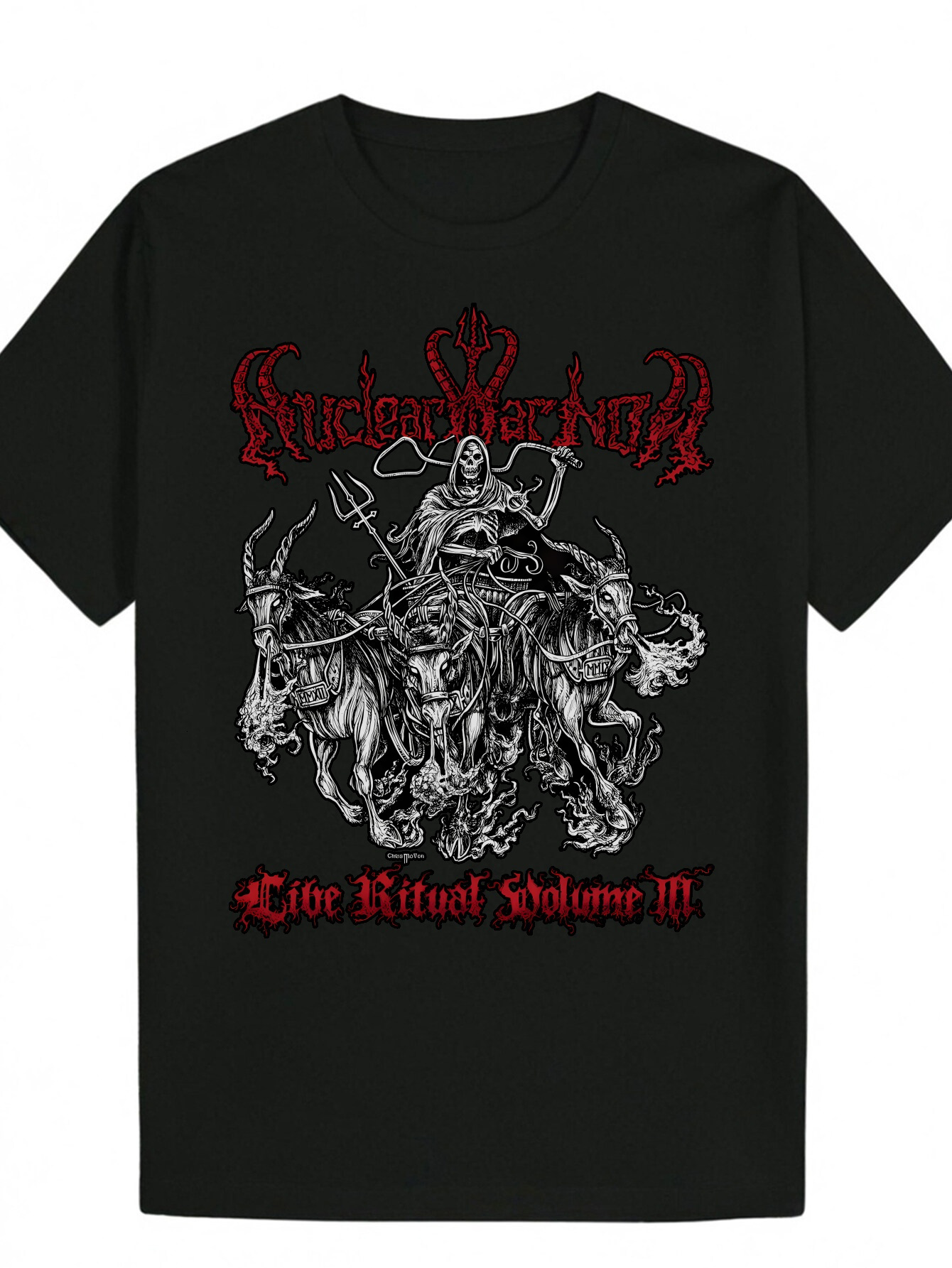 Men's Black Crew Neck with Complex Red and White Pattern - "Undead Wizard" Text, Wear, Fabric, Summer Casual Clothing Skull Print T-Shi