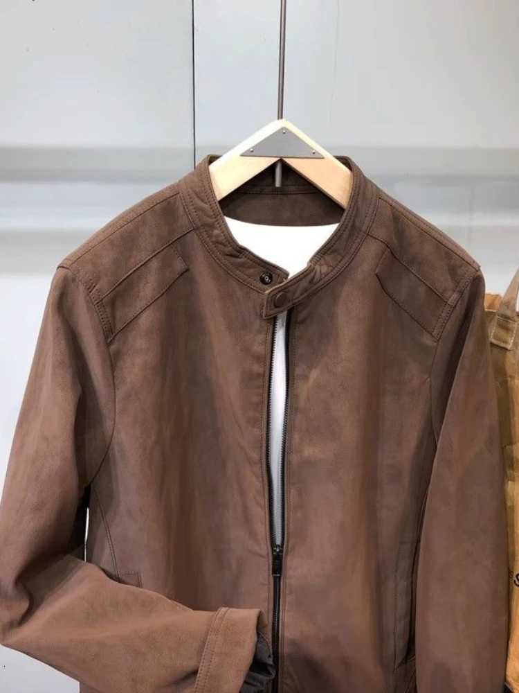 Mens Suede Cropped Biker Jacket with Stand Collar Slim-Fit Retro Spring Autumn Stylish Casual Zip Bomber Coat Outerwear Z250802