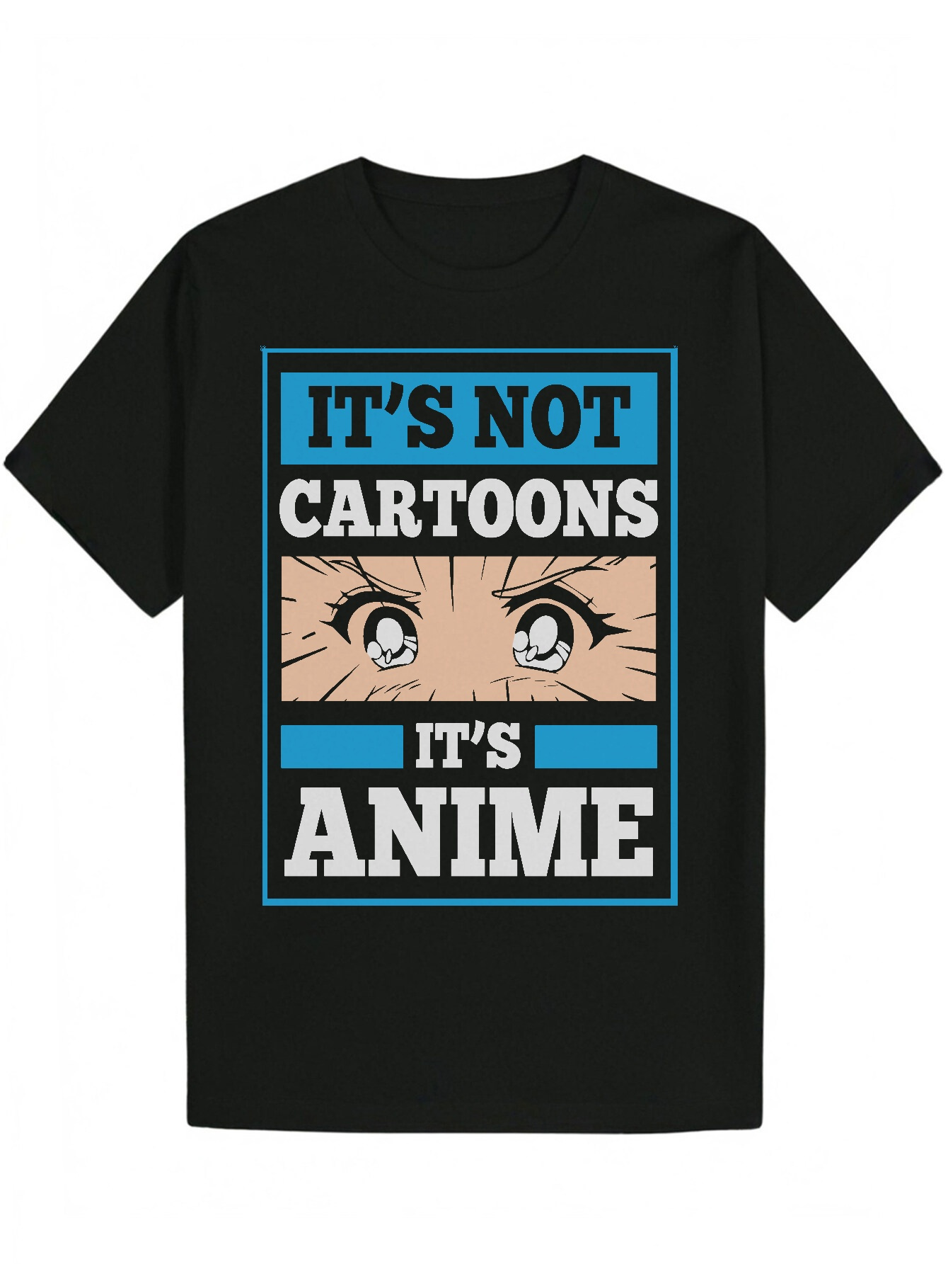 Men's Crew Neck Polyester Print, Short Sleeve, Regular F, - Black wh Blue Trim and Portra Design, Summer Casual Wear Anime Pattern T-Shirt | Comf