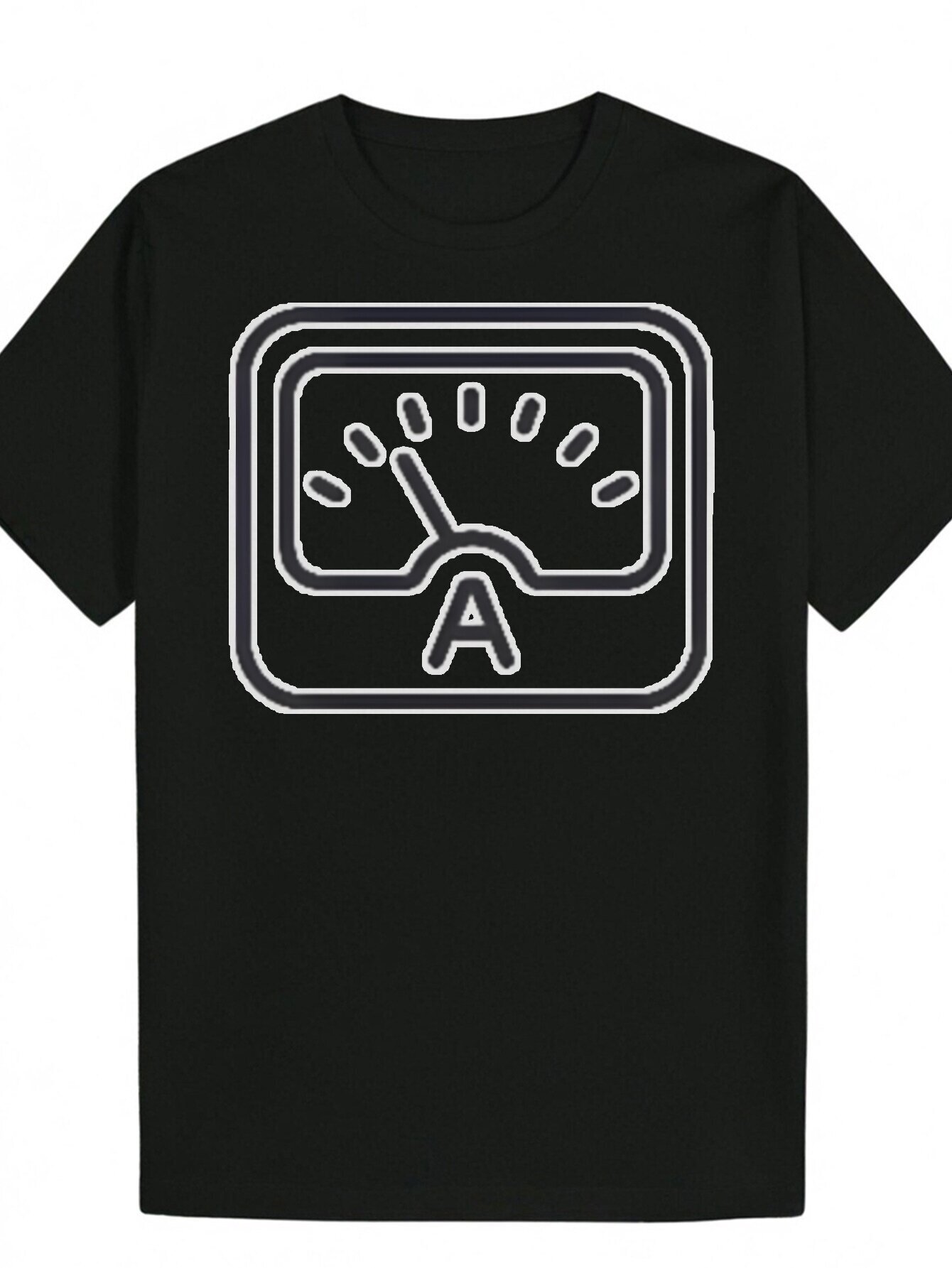 Men's Summer Pattern - Black Polyester Crew Neck T-Shirt with White Dashboard Design, Machine Washable, Lightweight and Breathable, Suitable for 