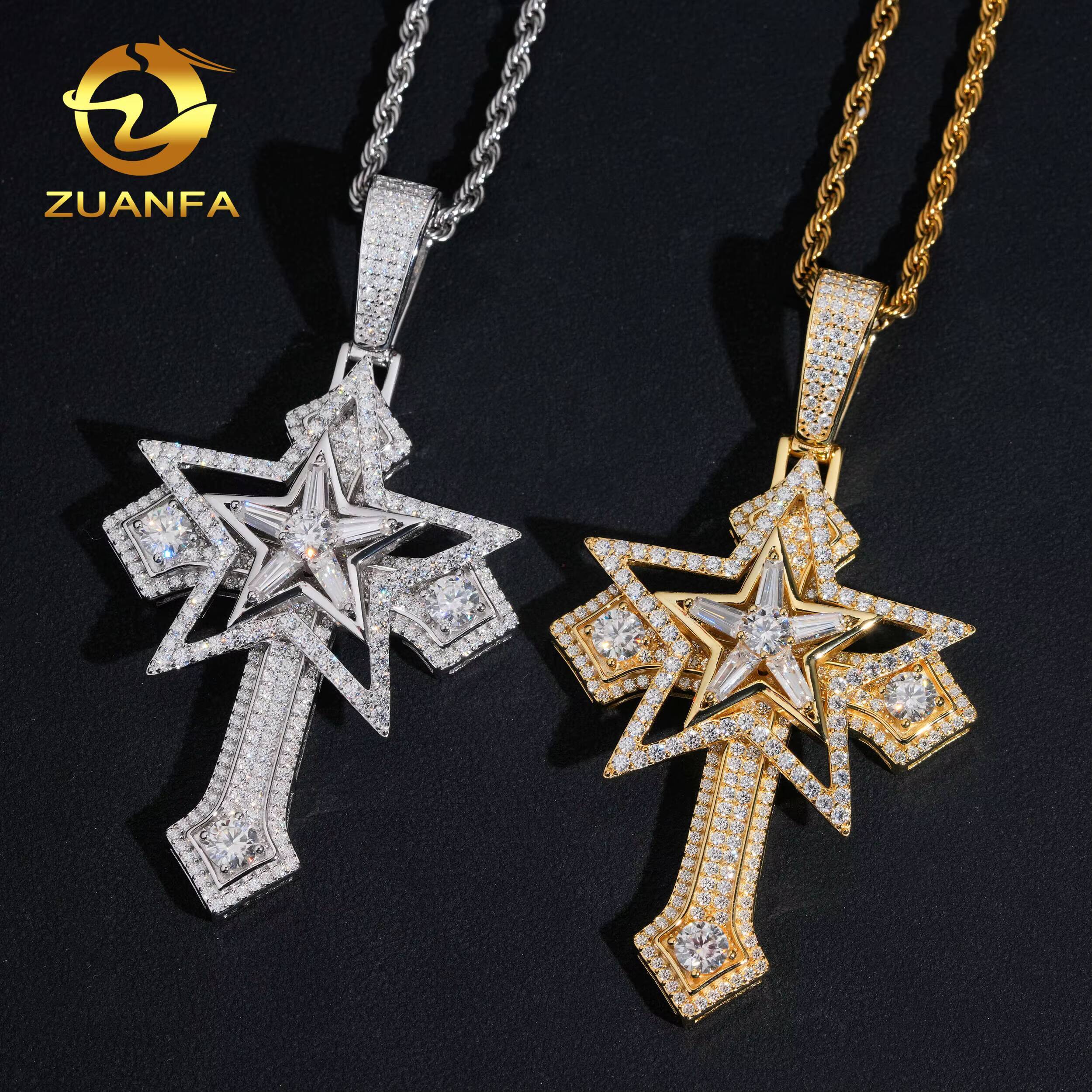 Fast Shipping Hip Hop Jewelry Cross Moissanite Pendant 925 Silver Moissanite Iced Out Pendant With Chain Star Pendant