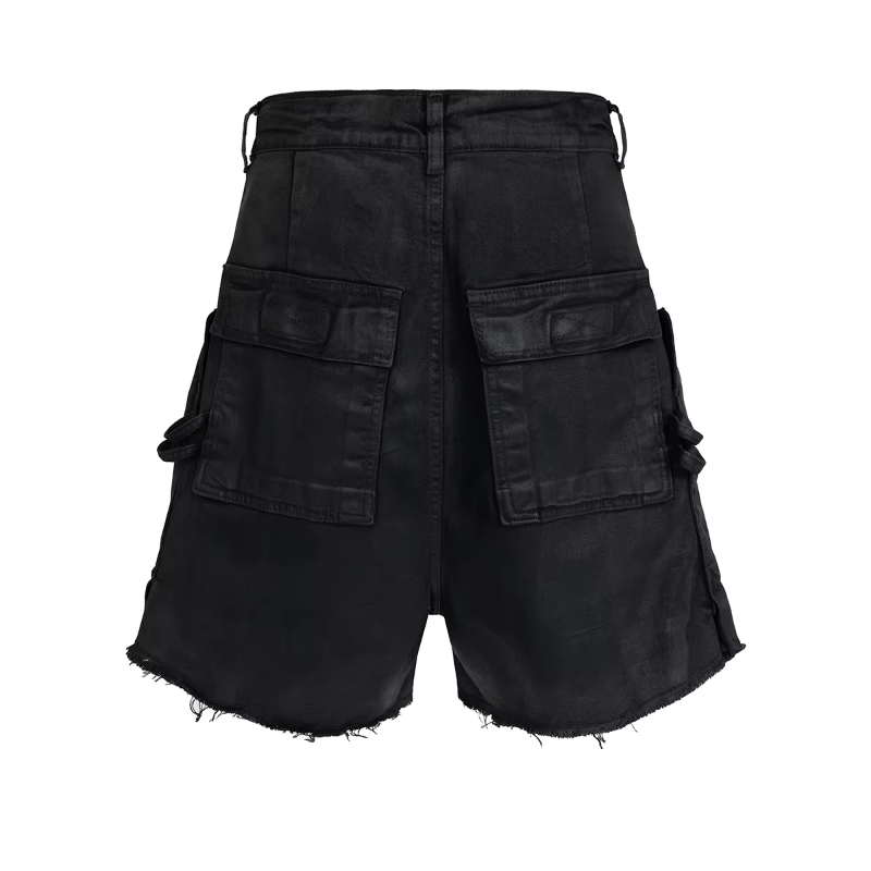 MIJKO Streetwear New Summer Brush Wax Coated Denim Shorts with Rough Edges Mens Vintage Black Frayed Baggy Jeans Oversized Loose Short