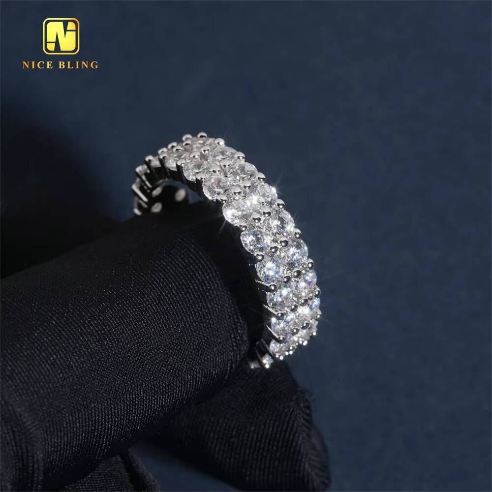 3MM Diamond Two Rows Ring Hip Hop CZ Rapper Brass 5A Cubic Zirconia Fine Jewelry Diamond Iced Out Ring for Men Daily Wear
