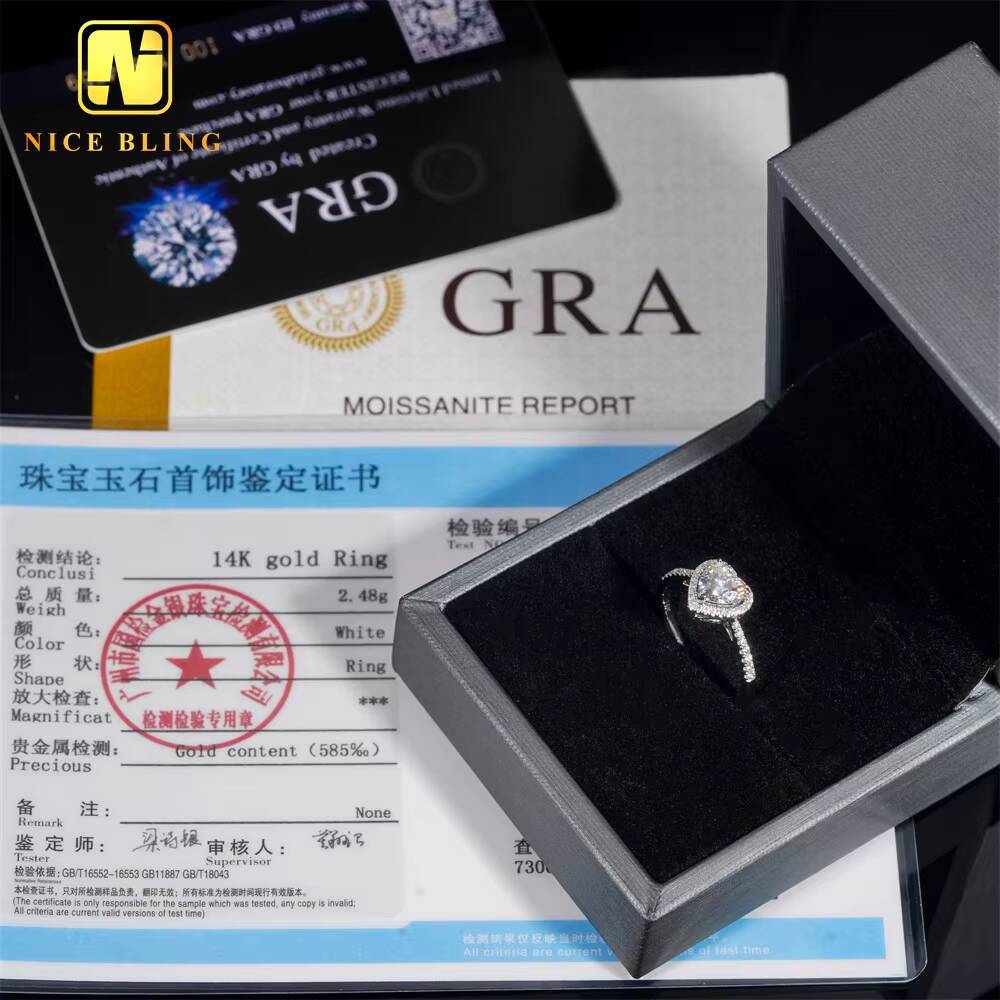 Iced Out Luxury Wedding Jewelry Diamond Custom 14K Real Gold Heart Cut VVS Moissanite Engagement Ring for Women