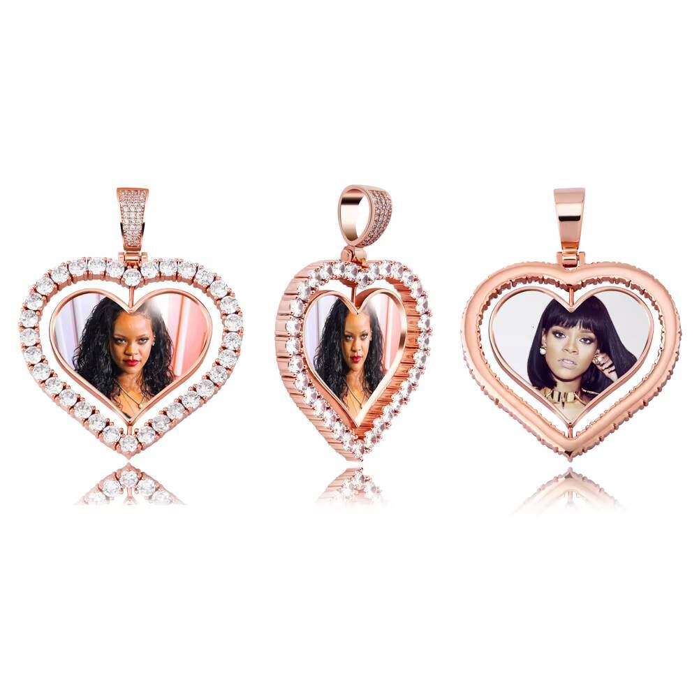Fashion Hip Hop Memory Brass Zircon Rotatable Double Sided Heart Photo Pendant