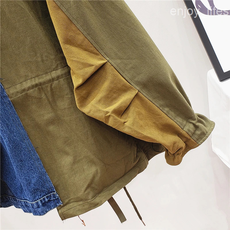 Spring Autumn High Quality Lapel Long Sleeve Loose Vintage Denim Patchwork Hit Color Women Jacket Casual Jeans Jacket