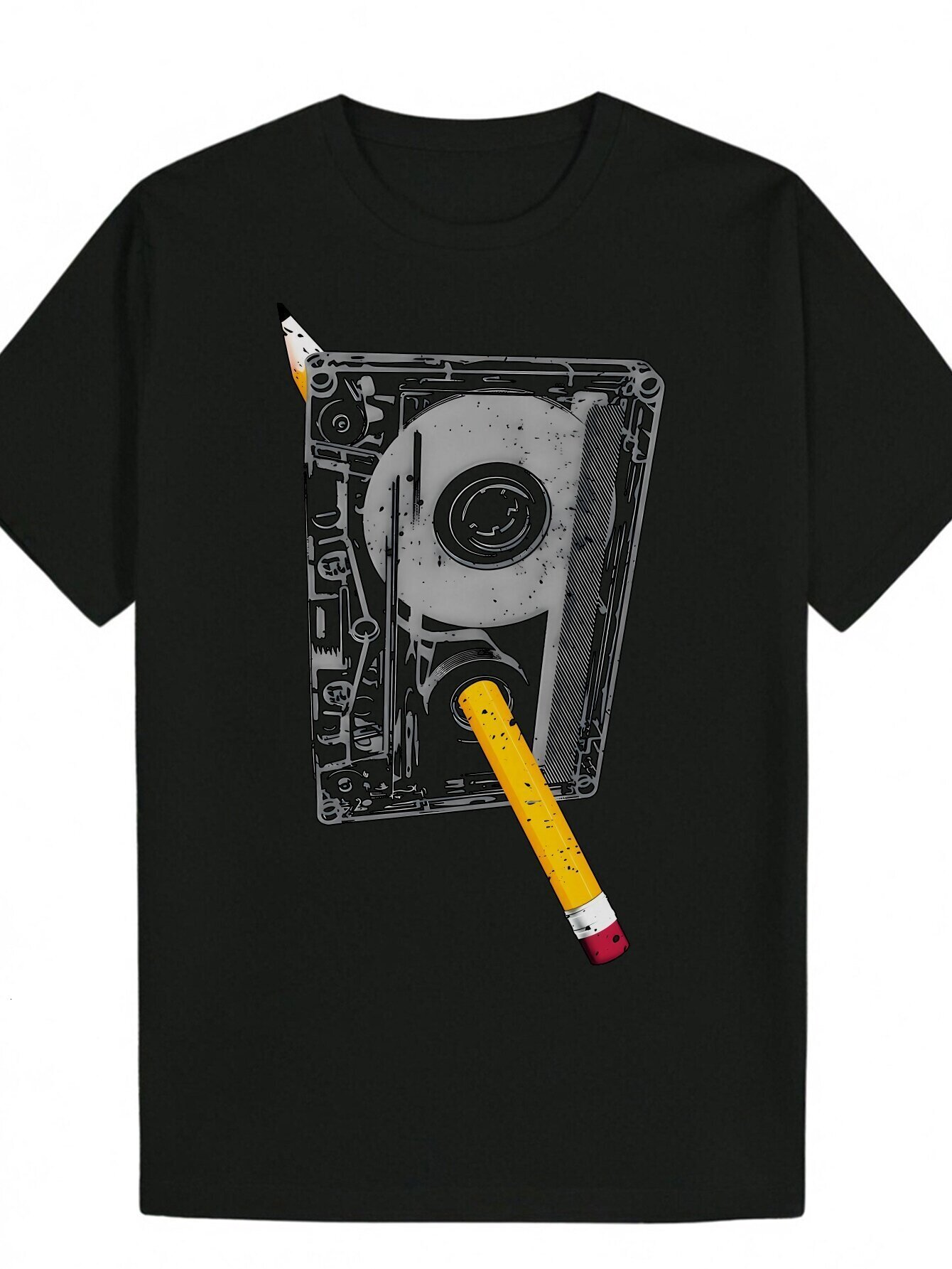 Men's Summer Casual Black T-Shirt with Unique CD/Pencil Pattern, Round Neck, Polyester Fiber - Machine Washable