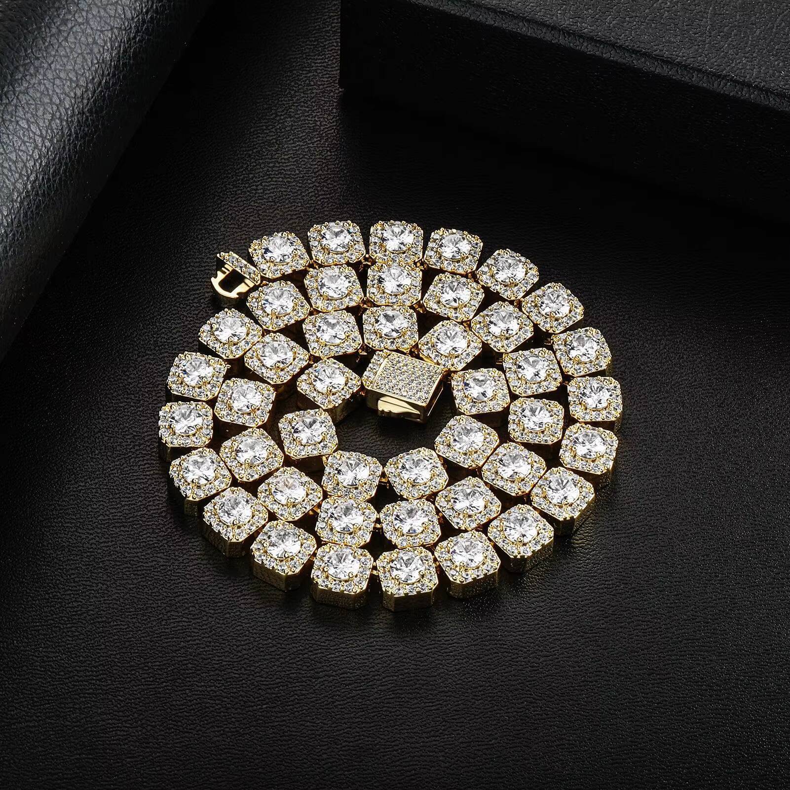 Wholesale Hip Hop Necklace 10mm Zircon Brass Cube Sugar Diamond Tennis Bracelet Necklace