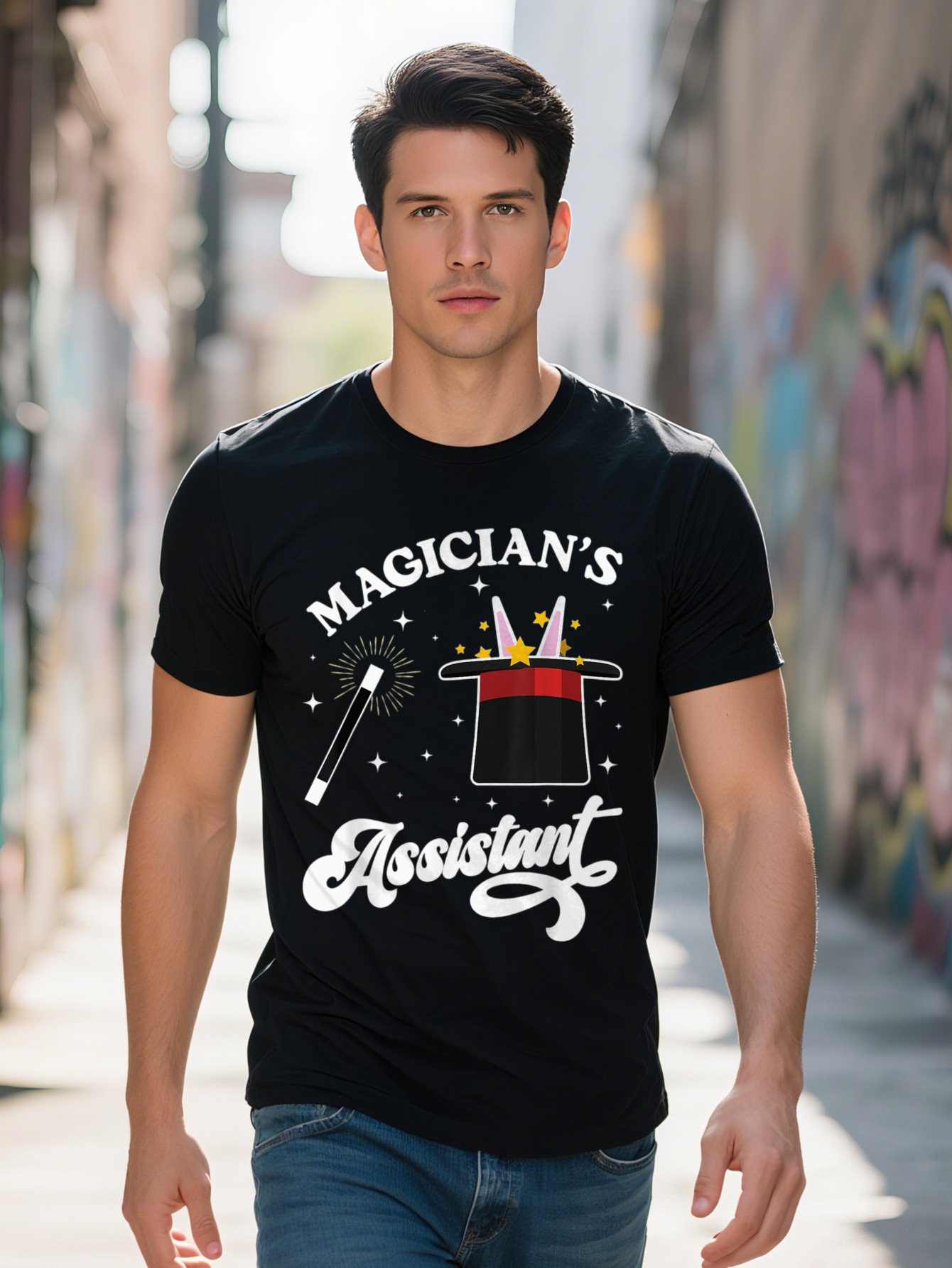 Men Magician s Assistant Graphic T Shirt Cotton GSM Short Sleeve Tee with Magic Hat Stars Design Regular